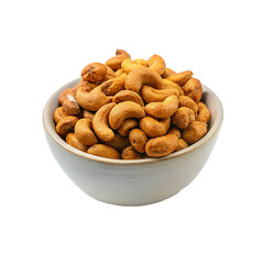 Roasted cashew nuts in a bowl isolated on transparent background.