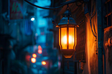 a glowing street lantern in a dark alley, to showcase the atmosphere and mystery of a nighttime...