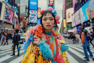 Chic Asian model strikes a pose on a bustling city crosswalk, her avant-garde outfit popping against the urban backdrop