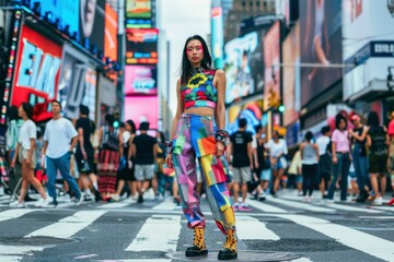 Chic Asian model strikes a pose on a bustling city crosswalk, her avant-garde outfit popping against the urban backdrop