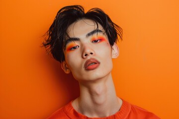 Bold Asian male model with striking red and blue eye makeup, confident gaze against a colorful background.