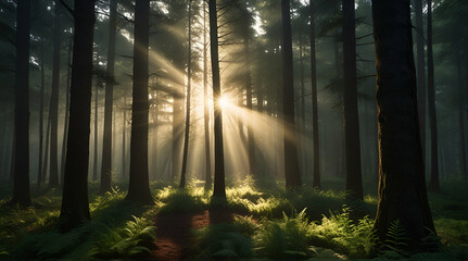 illustration of forest with sunlight shining through .Generative AI