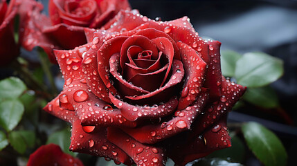  Close up brightly wet ,red rose fresh in the small garden,white background , light studio, Generate AI