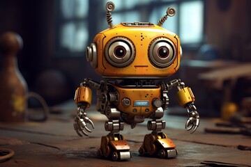 Imaginative Steampunk small cute robot. Power science. Generate Ai