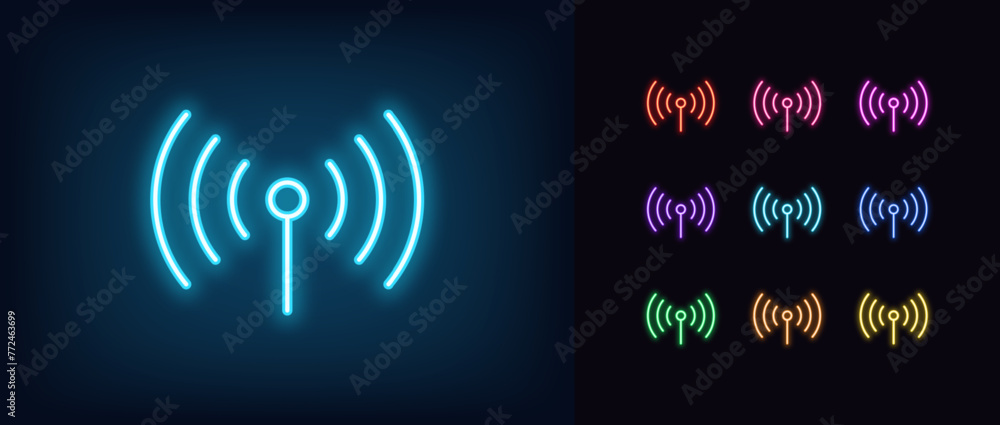 Poster outline neon antenna signal icon set. glowing neon antenna with radio waves. wireless signal and net
