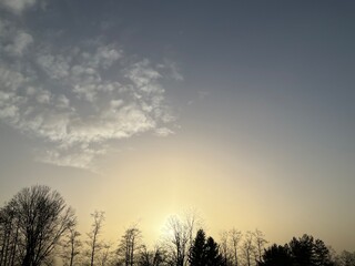 Sky with dust and sand from the Sahara in air, sun above horizon with dark trees. Natural view of...