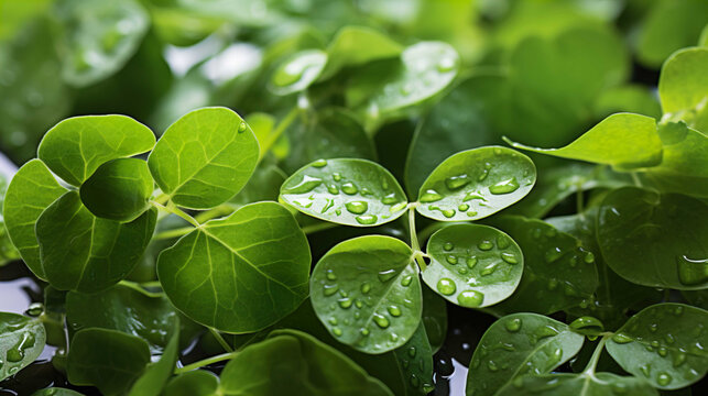 Close up brightly wet green leaves of Moringa leaves ,white background , light studio , Generate AI
