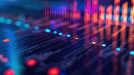 Sound engineer, audio mixer, buttons in various colors and soft LED lights