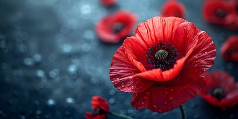 Symbolism of Red Poppy Flower on Black Background for Anzac Day, Memorial Day, and Remembrance Day. Concept Anzac Day, Memorial Day, Remembrance Day, Red Poppy Flower, Symbolism - obrazy, fototapety, plakaty