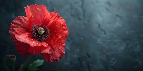 Red poppy flower on black background symbolizing remembrance for Anzac Day Memorial Day and Remembrance Day. Concept Anzac Day, Memorial Day, Remembrance Day, Red Poppy Flower, Symbolism - obrazy, fototapety, plakaty