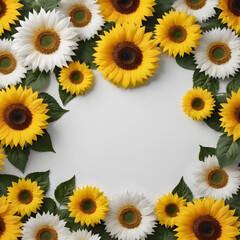 a circle of flowers on a white background. text space