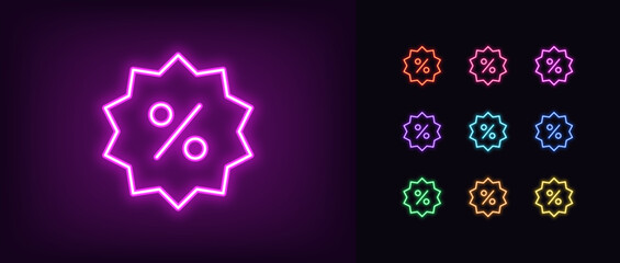 Outline neon discount badge icon set. Glowing neon flash sale tag with percentage. Special price and benefit discount, profit shopping and saving, percent bonus, advertising promo offer. Vector icons