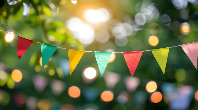 Outdoor birthday party colorful flags decoration on blurry background.