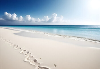 footprints in the sand on a beach with a blue sky and clouds