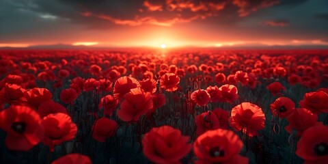 A Field of Red Poppies: A Poignant Symbol of Remembrance and Sacrifice on Anzac Day. Concept Anzac Day, Remembrance, Sacrifice, Red Poppies, Symbolism - obrazy, fototapety, plakaty