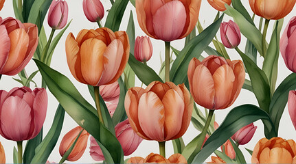 Delicate flowers, pink and peach tulips. Seamless floral border. A hand-drawn watercolor illustration. Save the date or greeting card for the menu, packaging design, wedding invitation .Generative AI