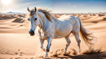 Obraz na płótnie Canvas White Horse in the Sahara Desert, Merzouga, Morocco