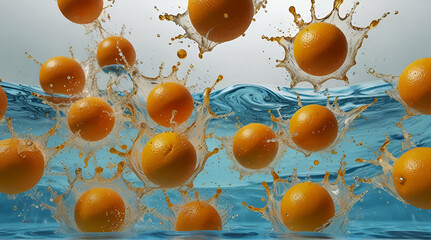 Creative Summer Abstract Art Ethereal Fantasy Basket of Gold Dust Refreshing Citrus Fruit Juice Oranges Explosion Splash Splashing Submerged Fractal Falling Deep into Swimming Pool Water Bright Star.
