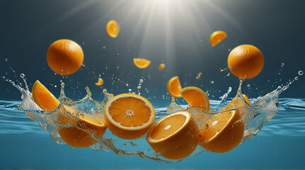 Creative Summer Abstract Art Ethereal Fantasy Basket of Gold Dust Refreshing Citrus Fruit Juice Oranges Explosion Splash Splashing Submerged Fractal Falling Deep into Swimming Pool Water Bright Star.