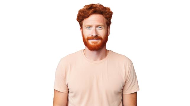 The man with red facial hair and a beard is wearing a white tshirt, with a smile on his face and eyewear on his head on transparent