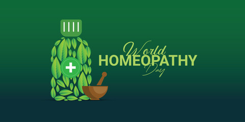 World Homeopathy Day. Green abstract background, the day is a celebration of both homeopathy and those who have been cured by homeopathy. Homeopathy Doctor Day, Homeopathy Day Creative Ideas. - obrazy, fototapety, plakaty