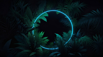 Blue circle Neon shape With jungle floral Tropical. Isolated on black Background .Generative AI

