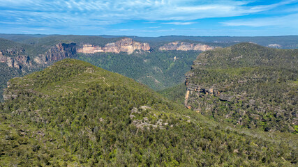 Fototapeta na wymiar Drone aerial photograph of the lush forest foliage and cliffs in the Grose Valley in the Blue Mountains in New South Wales in Australia