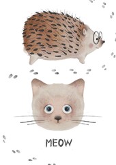 hedgehog and cat watercolor illustration on the white background
