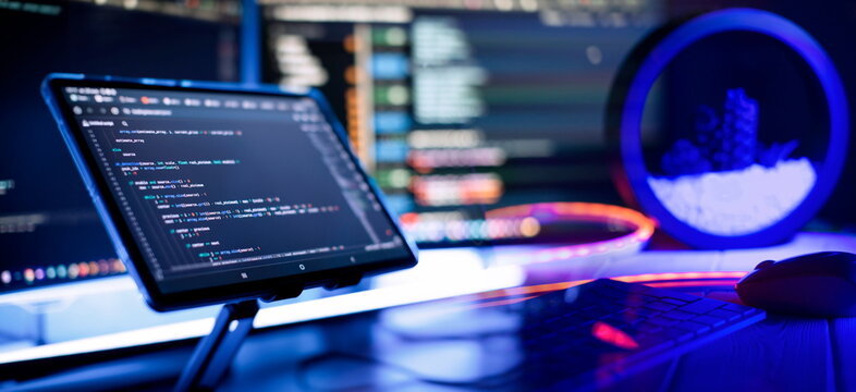 Professional Development programmer working background. Coding technologies working in software company office