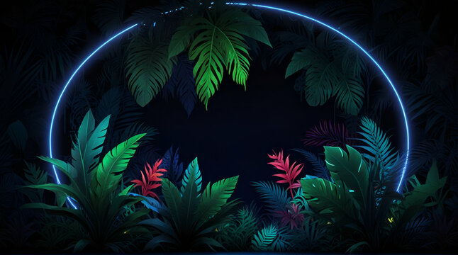 Blue circle Neon shape With jungle floral Tropical. Isolated on black Background .Generative AI
