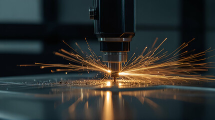 A powerful industrial laser cutter in action close up .Generative AI