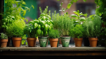 Fototapeta na wymiar Fresh green herbal , basil, rosemary and coriander in pots place on a window frame , Generate AI