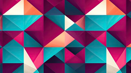 A bold geometric pattern featuring contrasting colors, like teal and magenta, with large squares and triangles arranged in a playful and dynamic composition