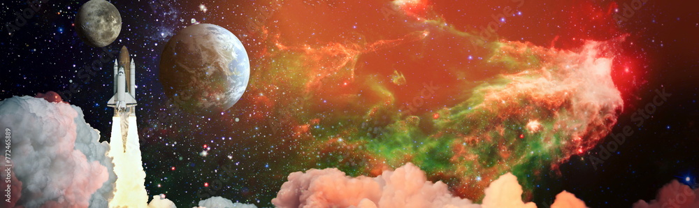 Wall mural dark space shuttle launch in the clouds with stars on background.spaceship flight. elements of this 
