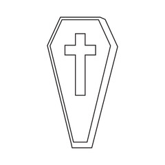 Obraz premium Coffin box icon vector with stroke line. Coffin logo, symbol design on white background. Coffin silhouette with cross. Vector illustration.