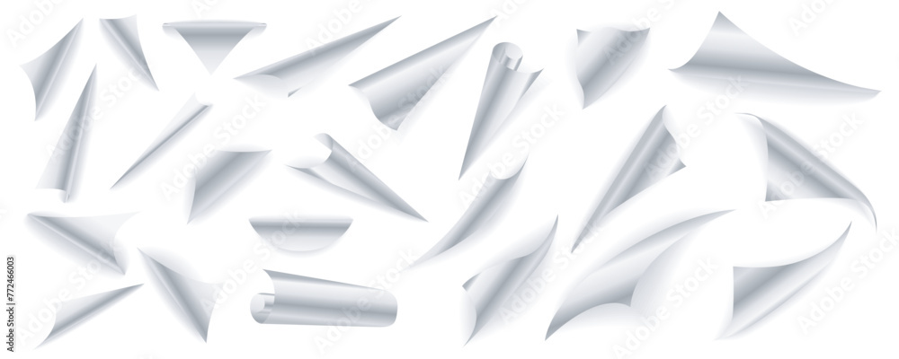Fototapete Page bent edges mega set in flat graphic design. Collection elements of different white curling papers corners effect, flipping book page folds, empty rolled document borders. Vector illustration.