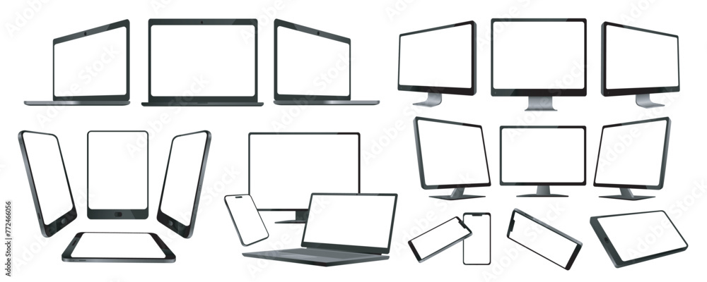 Poster realistic electronic devices mega set in flat graphic design. collection elements of different mocku