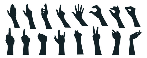 Hand gestures silhouette mega set in flat graphic design. Collection elements of different expression human arm, open palm, heart shape, finger up, peace, rock, rude signs, fist. Vector illustration. - obrazy, fototapety, plakaty