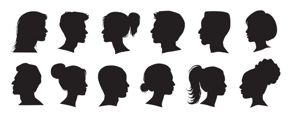 Head profile silhouette mega set in flat graphic design. Collection elements of different male and female human black portraits, african american or caucasian anonymous avatars. Vector illustration. - obrazy, fototapety, plakaty