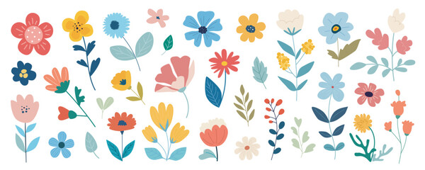 Flowers mega set in flat graphic design. Collection elements of abstract meadow wildflowers, daisy, chamomile, rose, green bushes, twigs, wild colourful plants, herbs and leaves. Vector illustration. - obrazy, fototapety, plakaty