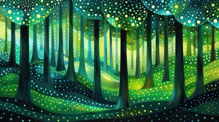 a stylized version of a forest with trees in various green hues, decorated with polka dots and radiating a magical, fairy-tale atmosphere - obrazy, fototapety, plakaty