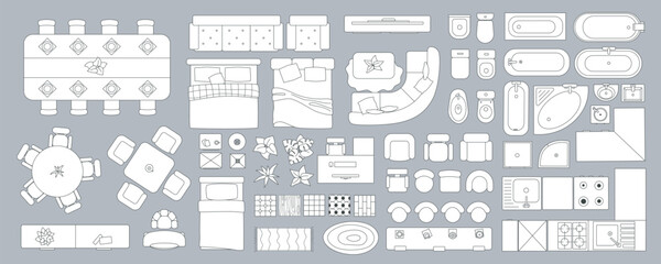 Linear interior in top view mega set in flat graphic design. Collection elements of outline apartment plan with kitchen, dining, bedroom, living room, bathroom and other objects. Vector illustration. © alexdndz