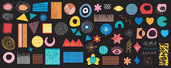 Naklejki  Retro geometric doodle shapes mega set in flat graphic design. Collection elements with abstract different types of spots, stars, moons, eyes, hearts, line texture, arrows, other. Vector illustration.