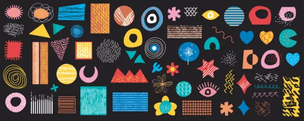 Gordijnen Retro geometric doodle shapes mega set in flat graphic design. Collection elements with abstract different types of spots, stars, moons, eyes, hearts, line texture, arrows, other. Vector illustration. © alexdndz