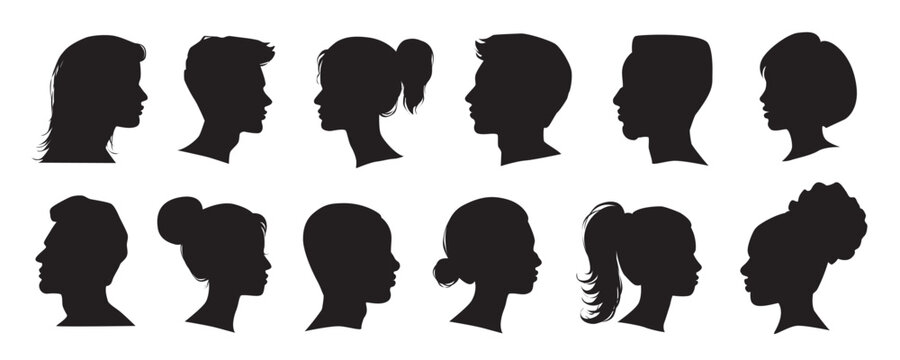 Head profile silhouette mega set in flat graphic design. Collection elements of different male and female human black portraits, african american or caucasian anonymous avatars. Vector illustration.
