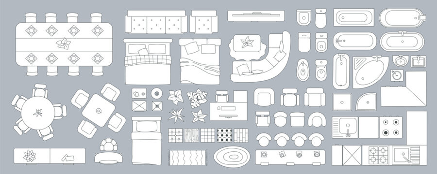 Linear interior in top view mega set in flat graphic design. Collection elements of outline apartment plan with kitchen, dining, bedroom, living room, bathroom and other objects. Vector illustration.