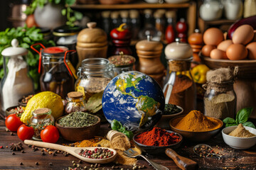 Earth globe at the center of food variety, cooking ingredients and cooking utensils, world food day and flavorful international cuisine concept. - obrazy, fototapety, plakaty