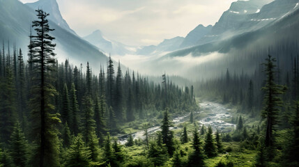 Panorama , Alberta wilderness near Banff , Mist rises over the forest in Banff National Park Alberta , Generate AI