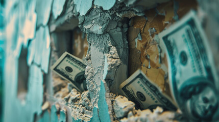 A pile of money is in a crumbling wall. Concept of illegal business.