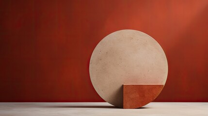 A minimalist composition featuring a single, imperfect circle in a rich shade of terracotta against...